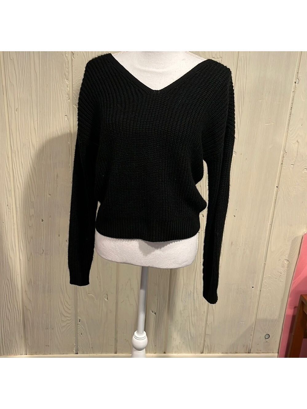 HOOKED UP Black Sweater Rib Knit Crop Lace up back long sleeve v neck XS
